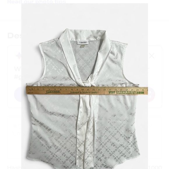 CALVIN KLEIN Textured White Sleeveless Blouse G, W/Tie Detail. Exelent Condit. - Picture 7 of 8